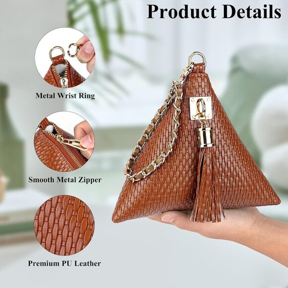 ⚡New Brown Leather Triangle Wristlet Clutch Handbag Pyramid Evening Cocktail - Picture 3 of 6